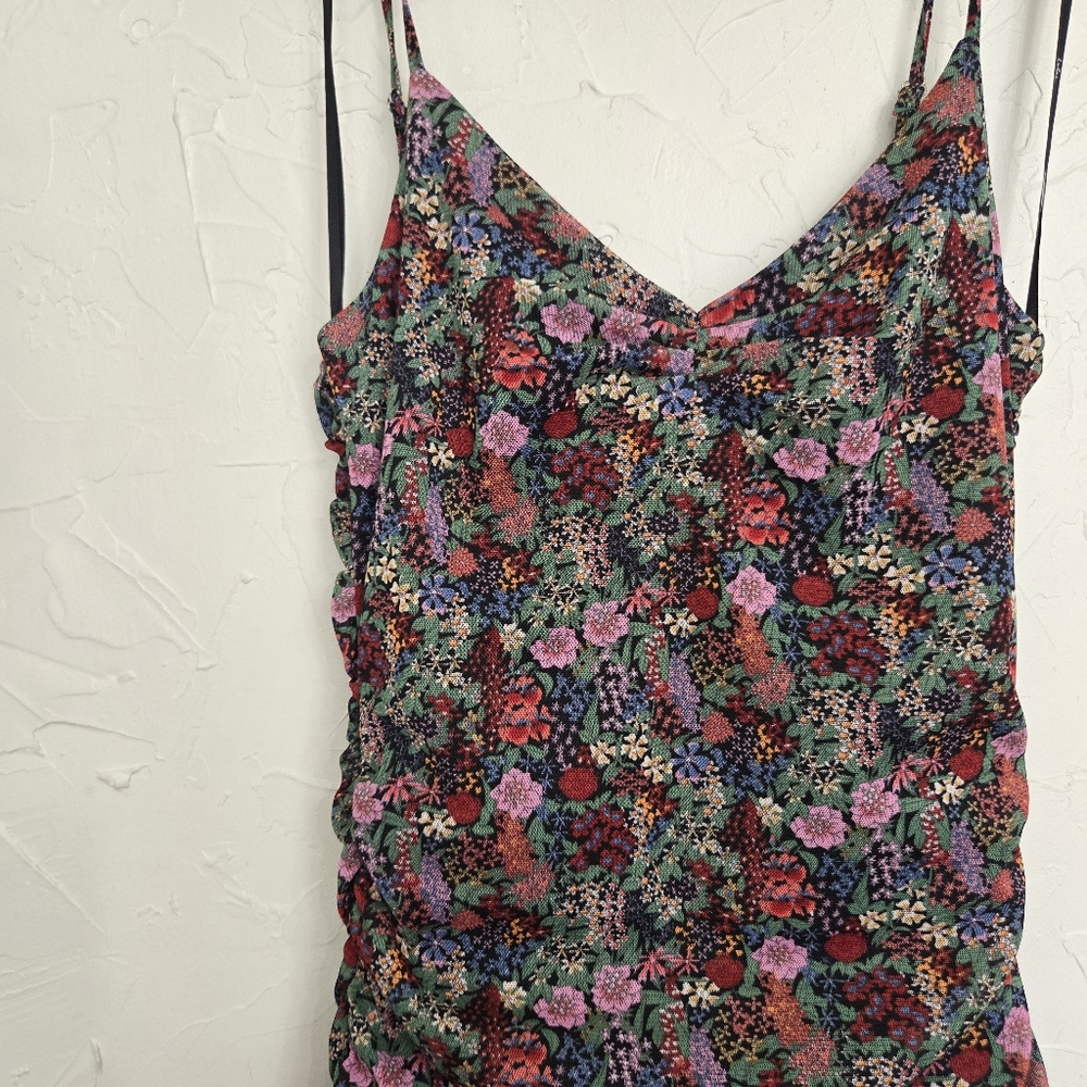 Lulu's Floral Mesh Ruched Green Pink Dress, M - Picture 7 of 14